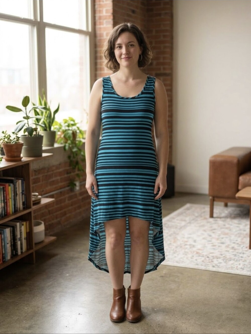 Sleeveless High-Low Striped Dress in Teal and Black